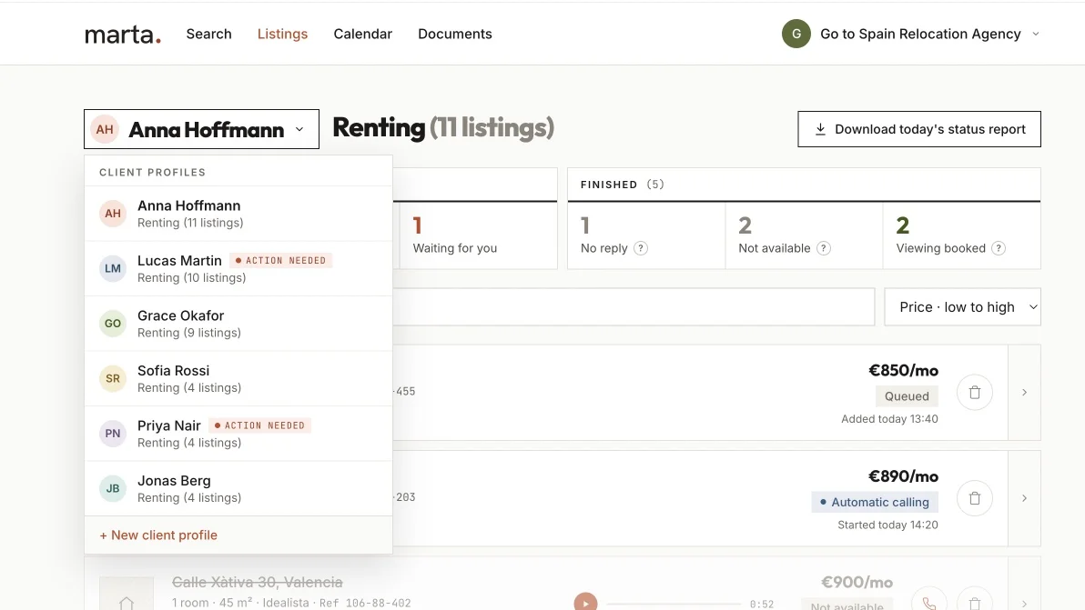 Marta dashboard for professionals: client profiles and real-time listing statuses